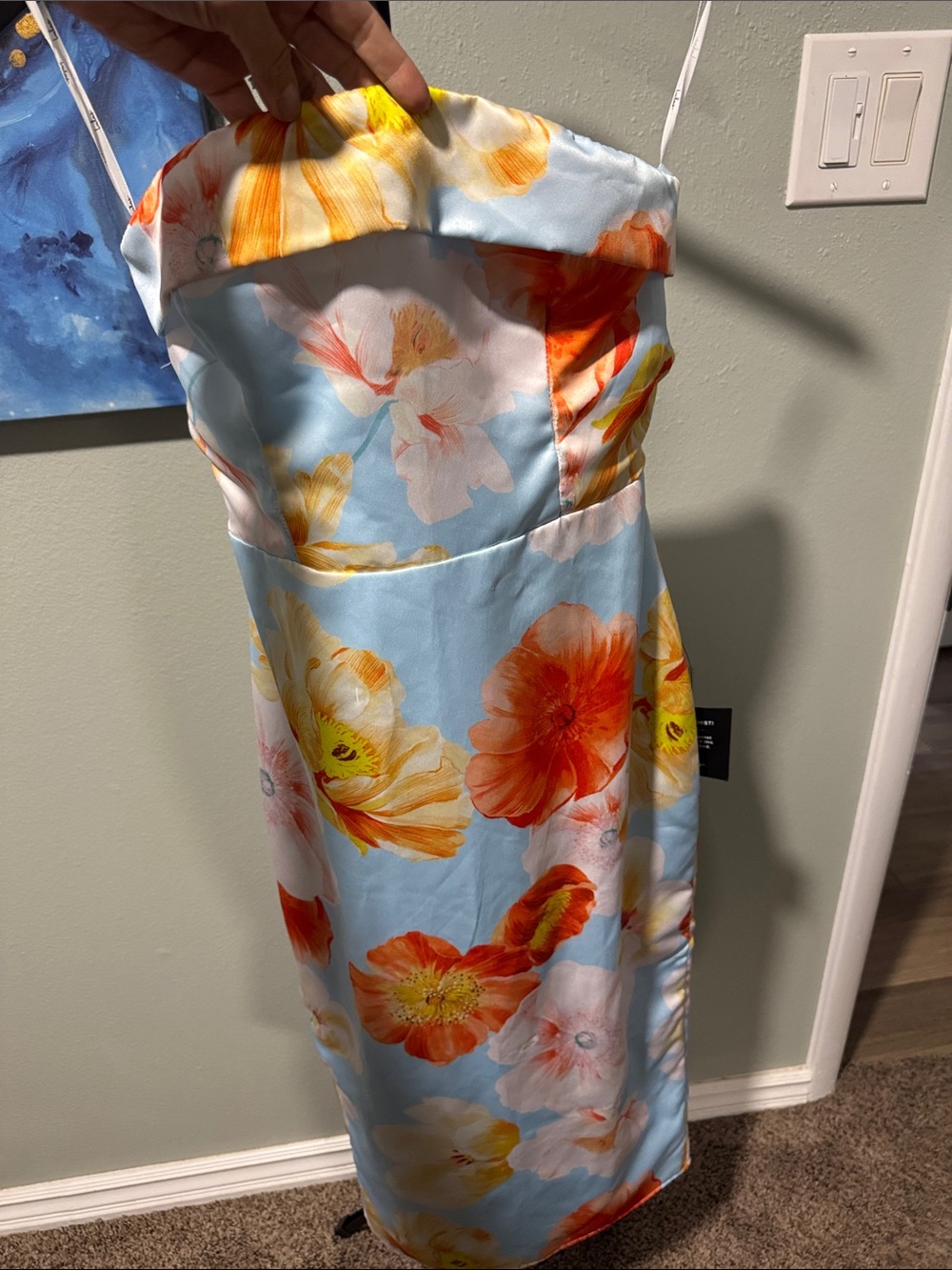 Floral Strapless womens Dress in Light Blue and Orange